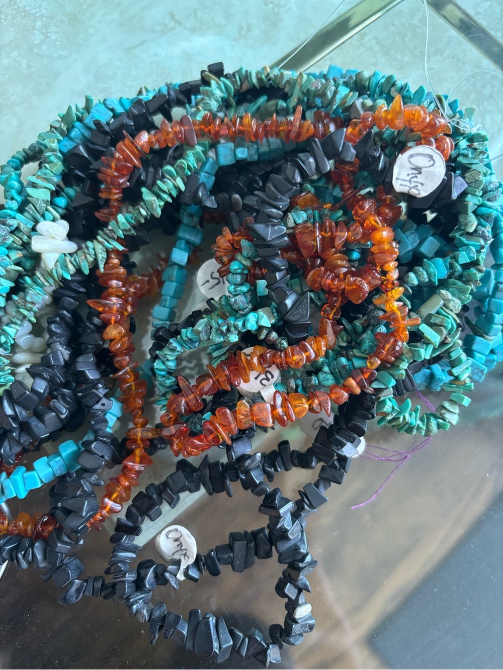 Multi-Strand Turquoise, Amber & Black Chip Bead Necklace - Women's Jewelry